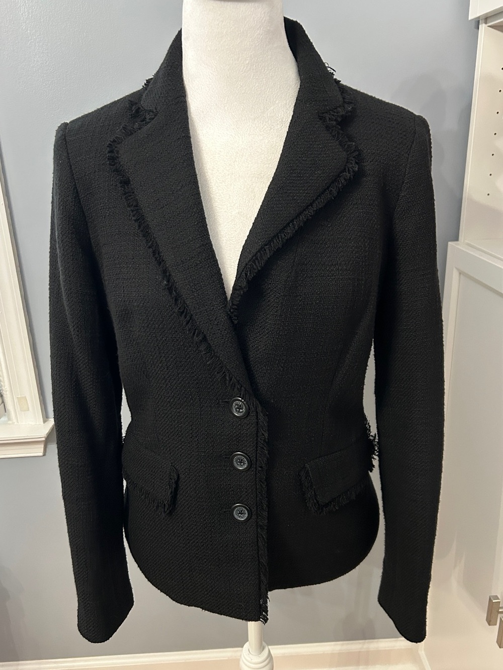 Karl Lagerfeld Paris Cotton Tweed Blazer Cropped Black Fringe Trim Women Size 8